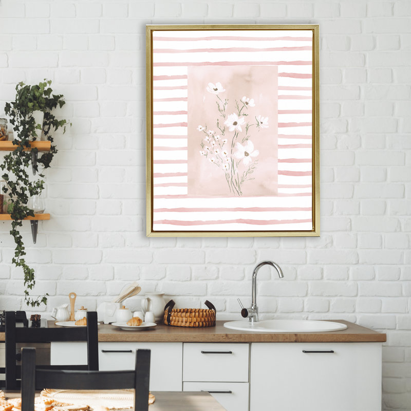 Cadre flottant White Cosmos sur rayures roses, design par Lucille Price, Cadre flottant métallique doré, H 31 po x l 25 po