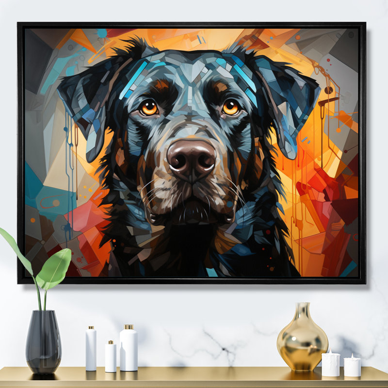 «Dog Inquisitive Canine Popart I», reproduction, H 12 po x l 20 po x P 1 po, Cadre flottant noir