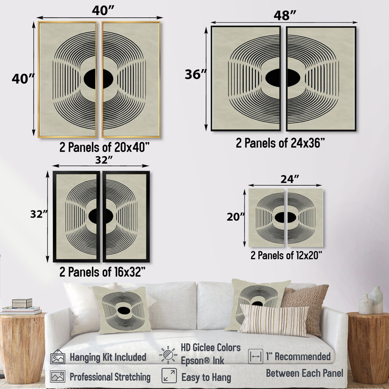 Vortex rétro noir et beige - art moderne sur toile de style Mid-Century, art mural moderne noir Mid-Century 2 pièces, Noir