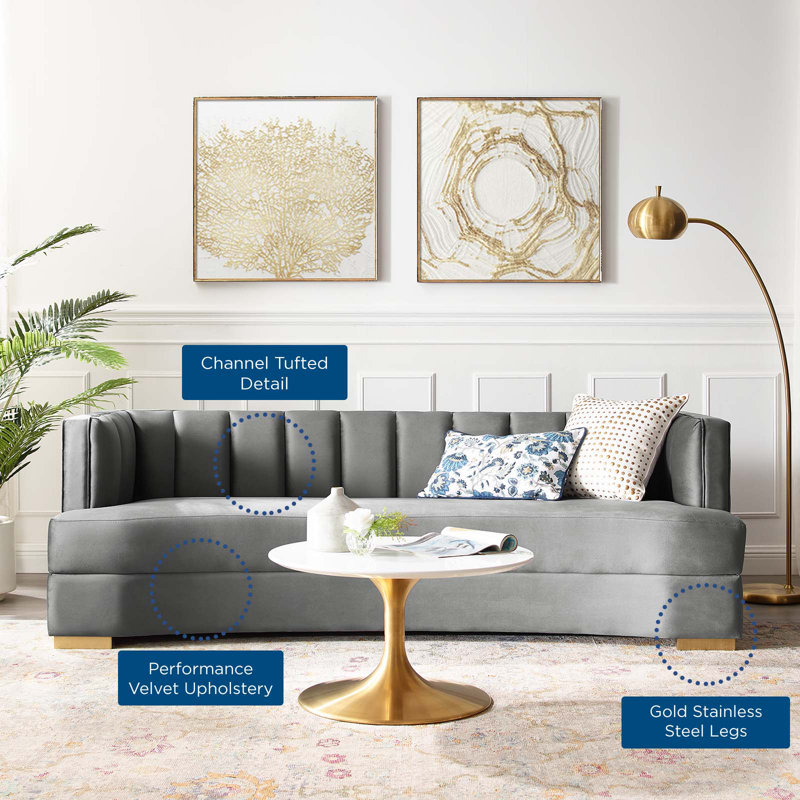 Glam Deco Elegance Gray Velvet Channel Tufted Sofa