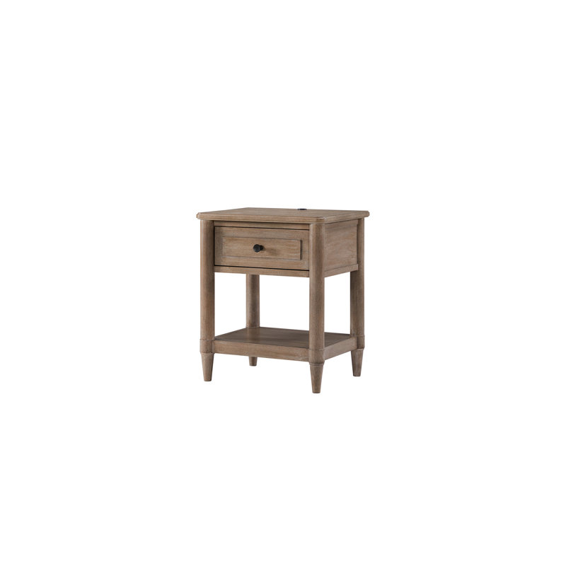 Transitional Style Small Veneer Nightstand, Sand Finish, Charging For Devices, Drawer And Shelf Storage, 22 In Depth - Coloured Nightstand With Integrated Charging, Smooth Gliding Drawer, Open Lower