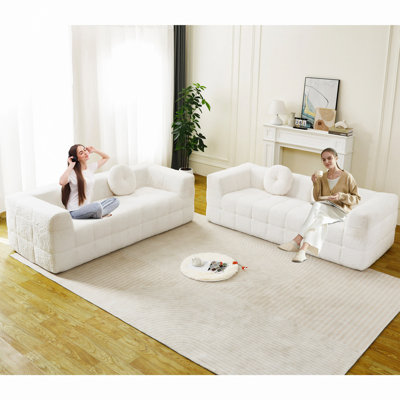 Boneless Couch With Two Circular Throw Pillows,Skin-Friendly Lychee-Textured Long-Pile Polyester Fabric,Checkered Fabric Design Foam Sofa