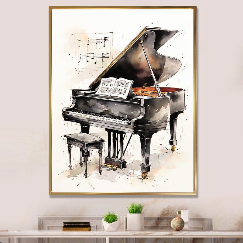 Midnight Black Piano Tranquility III - musique, art mural, Cadre flottant doré, H 40 po x l 30 po x P 1,5 po
