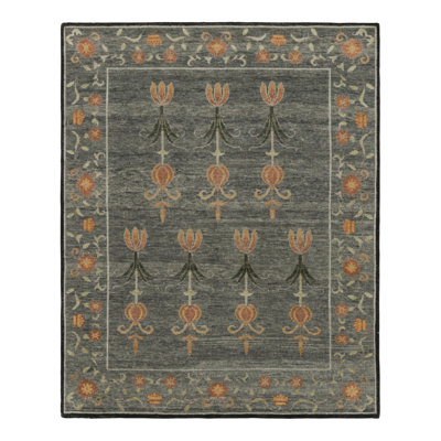 Rug & Kilim’S Block Print Rug, Teal And Gray Tones With Whimsical Floral Pattern