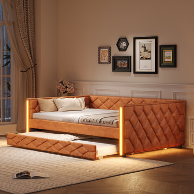 Full XL Upholstered Daybed with Trundle and LED Armrest, PU Leather Sofa Bed, Guest Bed, Solid Wood Frame, Brown