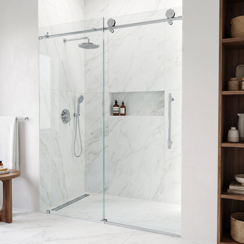 Porte de douche coulissante sans cadre avec verre transparent 3/8 po l 56-60 po x H 76 po Elan Hart, Chrome