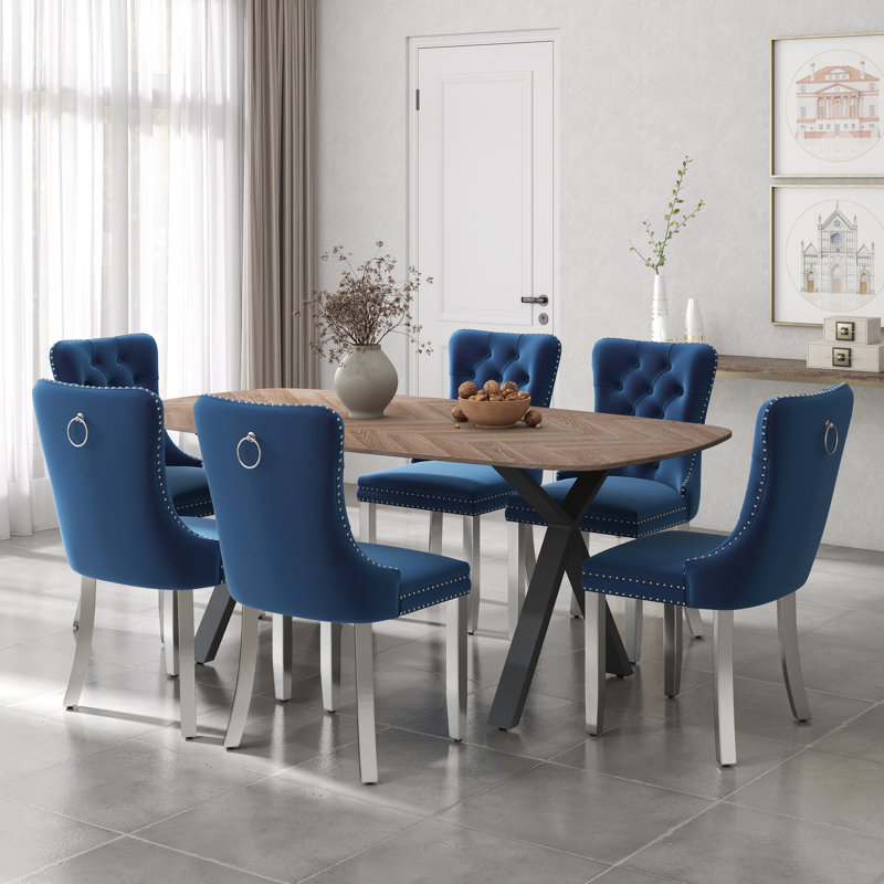 Ensemble de salle à manger rectangulaire en bois avec chaise capitonnée, Bleu, H 29,5 po x L 71 po x l 35,4 po