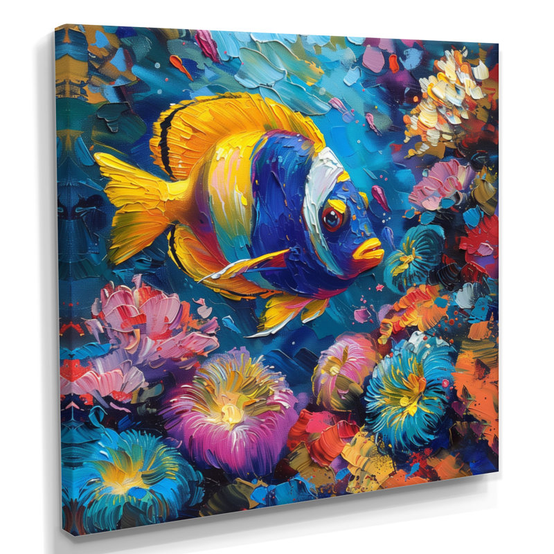«Blue Yellow Tropical Fish Paradise I - Sea Creatures», reproduction d'art murale, Toile tendue, H 16 po x l 16 po x P 1 po
