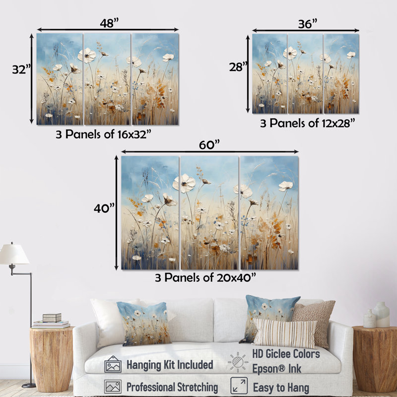 Minimalisme Wildflower Wonderland III - ensemble d'art mural prairie, Toile tendue, H 32 po x l 48 po x P 1 po