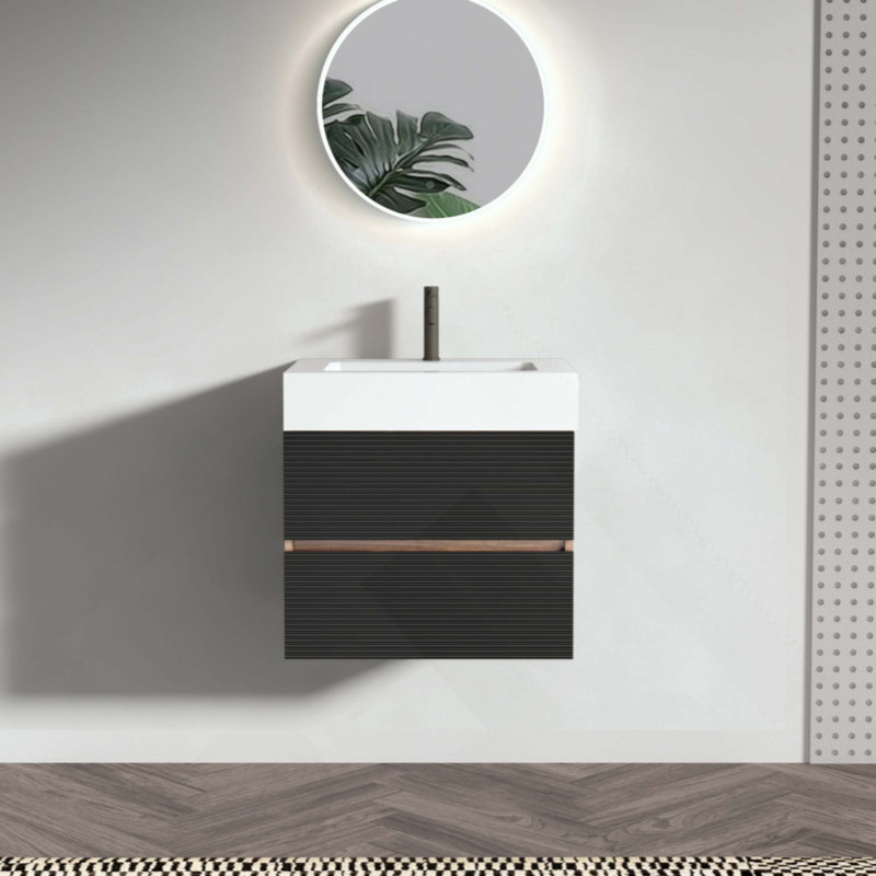 Meuble-lavabo de salle de bain avec lavabo à quartz d'ingénierie et tiroirs souples, meuble-lavabo mural flottant pour salle de bain moderne, lavabo une pièce sans drain ni robinet