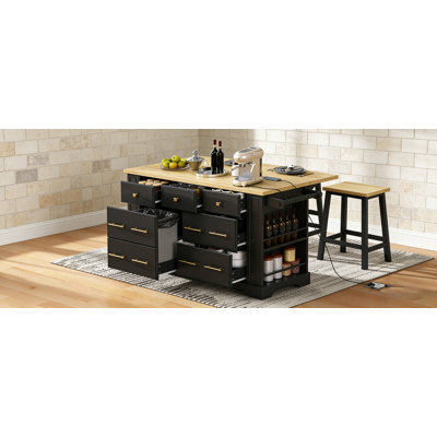 K&K Spacious 6-Drawer Rolling Kitchen Island With Drop Leaf, Power Outlet, And Trash Can Storage For Modern Kitchens