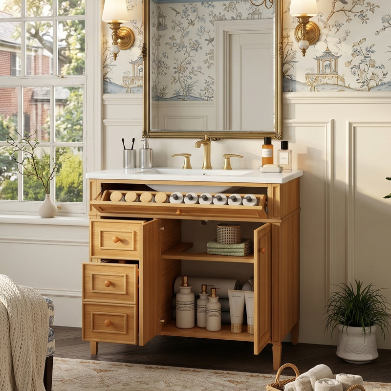 Meuble-lavabo sur pied 36 po avec lavabo en céramique, armoire en bois massif avec tiroir à 45 ° et 3 tiroirs de rangement, bois naturel