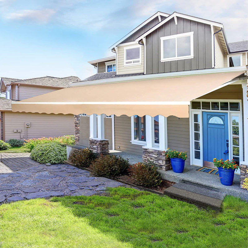 AECOJOY Manual Retraction Slope Patio Awning, Solid Color, 156" W x 96" D, Beige