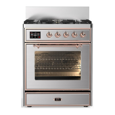 Cuisinière à double combustible de 30 pouces avec 5 brûleurs scellés en acier inoxydable (propane liquide, garniture en cuivre) Majestic III Series
