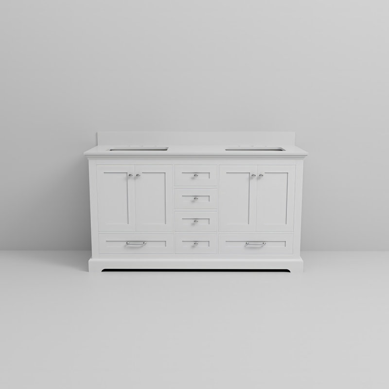 Tybee Double Bath Vanity, White, 60", White Cultured Marble