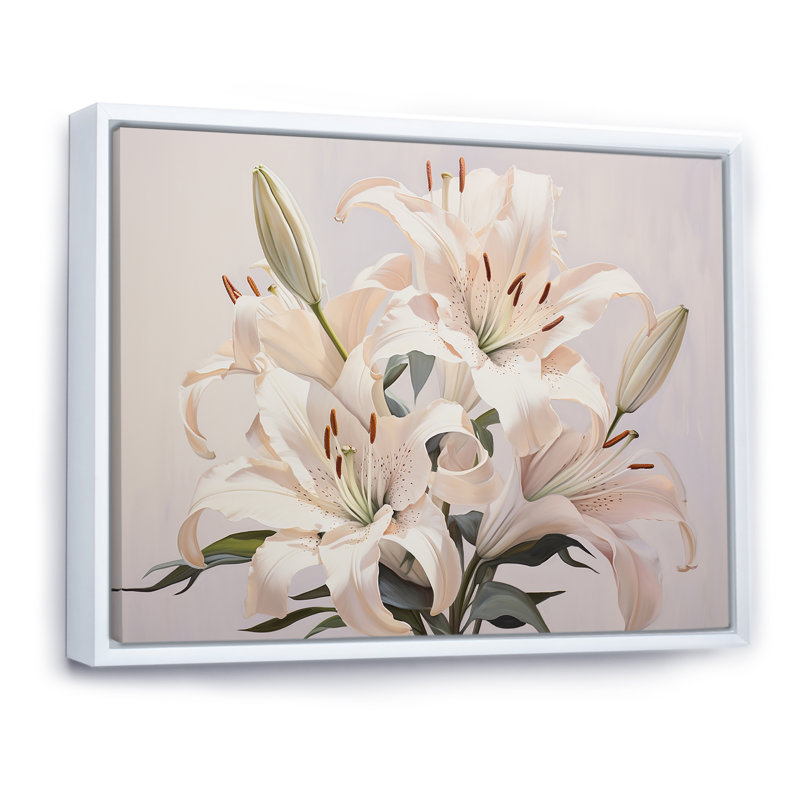 Lys blancs en fleur II sur toile, Cadre flottant blanc, 16" H x 32" W