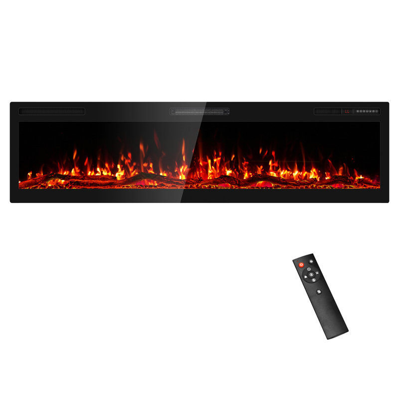 Recessed or Wall Mounted Electric Fireplace, Logs & Crystals, Remote Control,Remote Control, Timer, Dimmer, 12 Flame Colors, 750/1500W, Narrow Bezel