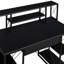 Bureau noir avec tablettes ouvertes, idéal pour le bureau - Grand espace de rangement avec 1 tiroir et 8 compartiments. Structure robuste en bois et en métal, avec passe-câbles intégré et design élégant.