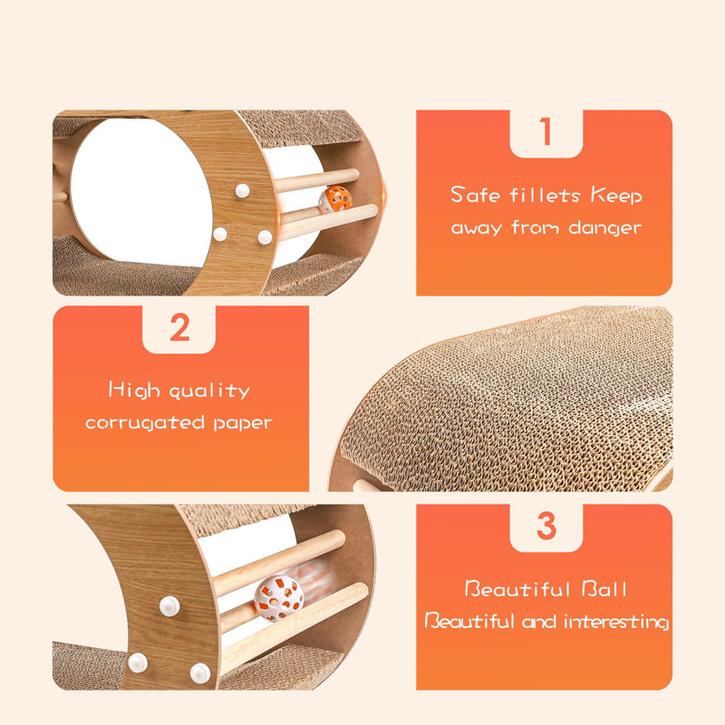 Large Natural Wood Double Layer Cat Scratcher Bed with Toys