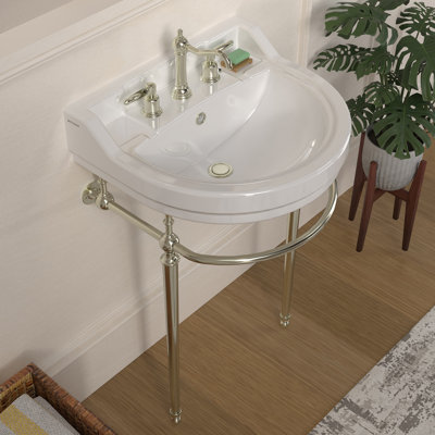 Console Whitehaus de 22 po avec cuve semi-circulaire, repose-pieds en laiton massif et porte-serviettes à l'avant