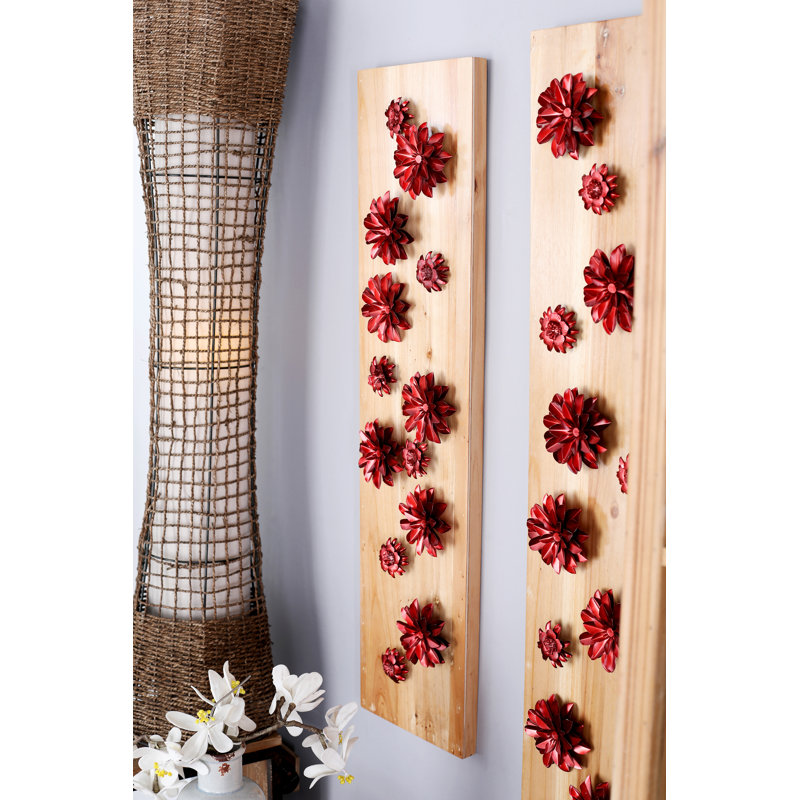 Boho Plants & Flowers Wall Decor on Wood, Red