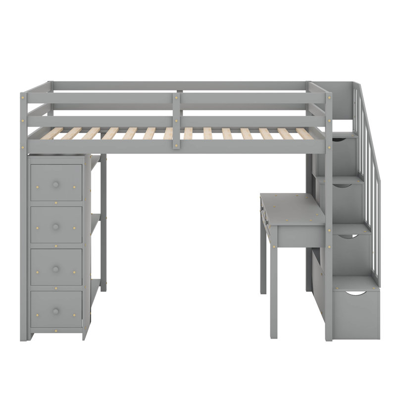 Lit mezzanine simple avec tiroirs de rangement, bureau et escalier, Gris