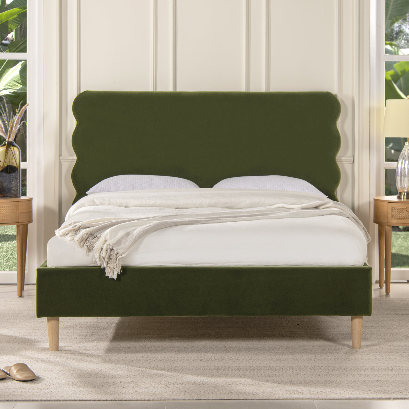 Henley Upholstered Scalloped Bed, Olive Green Velvet, King