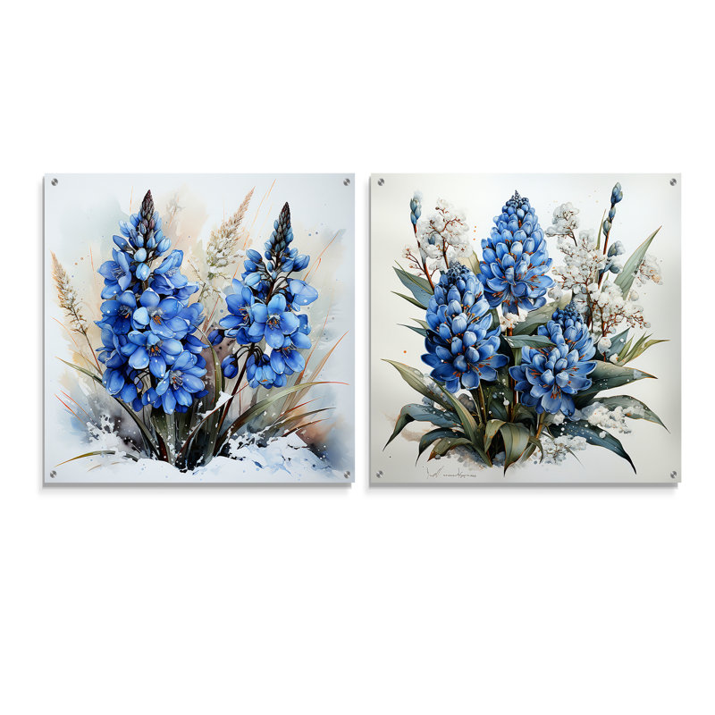 Blue Bonnets Charm In Winter - Blue Bonnets, ensemble d'art mural en verre sur verre, ensemble de 2, H 36 po x l 73 po