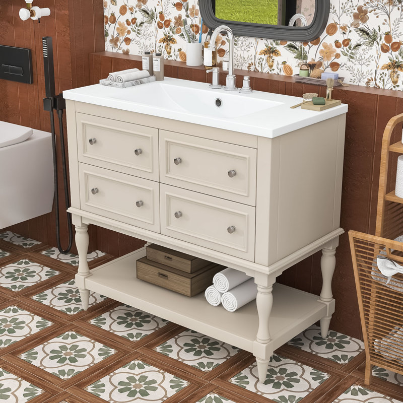 Meuble-lavabo écologique avec lavabo en résine et rangement spacieux, Beige