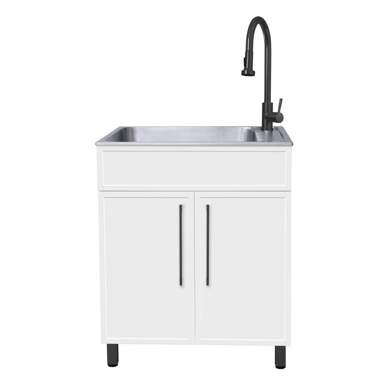 All-In-One W28 In. X D22 In. Stainless Steel Utility Sink With Pull-Down Faucet And Storage Cabinet, Matte Black