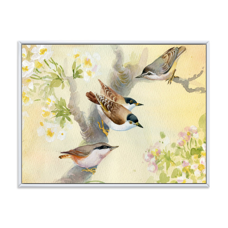 Oiseaux sur un pommier en fleurs - Peinture sur toile, Cadre flottant blanc, H 30 po x l 40 po x 1,5 po
