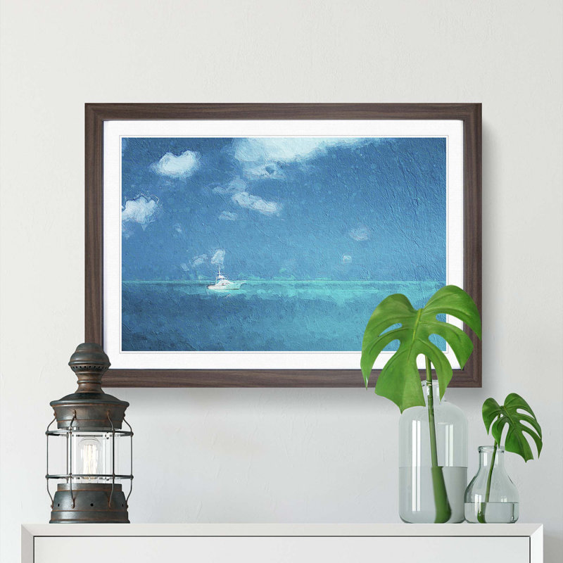 White Sailboat in the Open Ocean - Picture Frame Painting Print, Walnut Framed, 36cm H x 48cm W x 2cm D