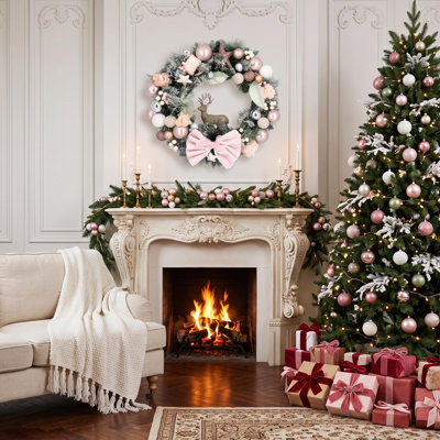 Couronne de Noël à DEL 24 pouces avec nœud rose et renne