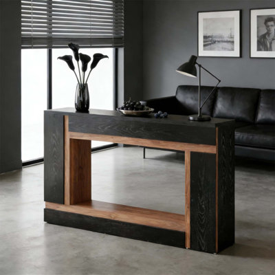Console de style contemporain avec rangement à deux niveaux, idéale pour les couloirs et les salons, alliant design moderne et polyvalence.