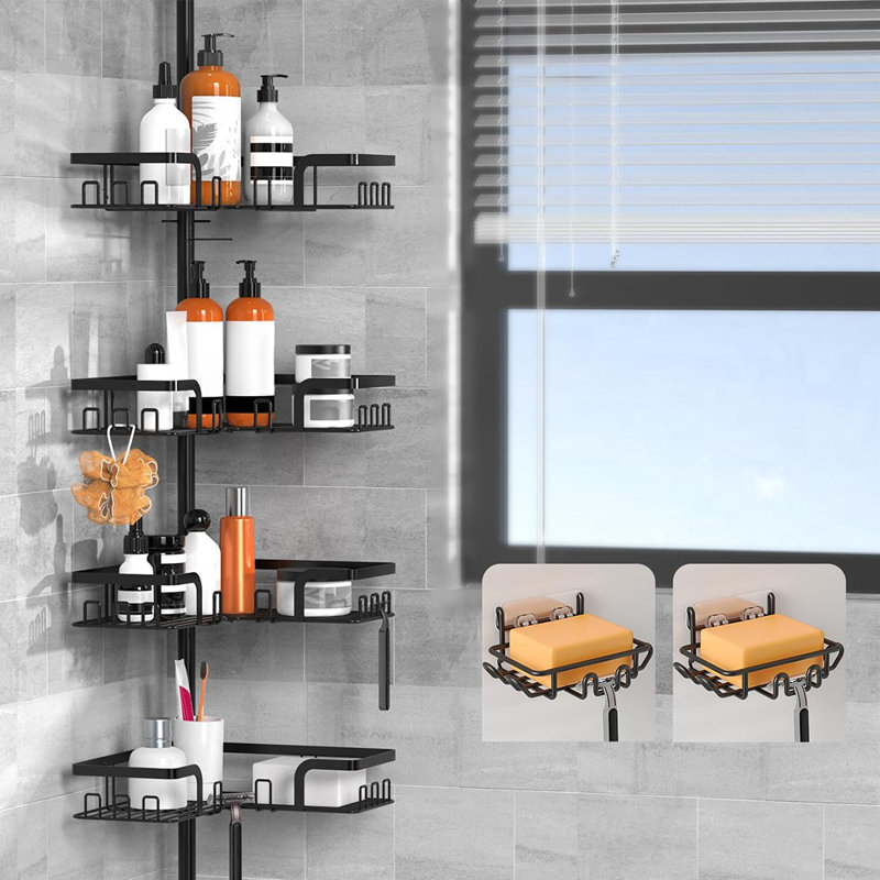 Shower Caddy Tension Pole – Silver – 4-Tier Adjustable Corner Bathroom Organizer With 2 Soap Holders & Hooks, Floor-To-Ceiling Storage Rack