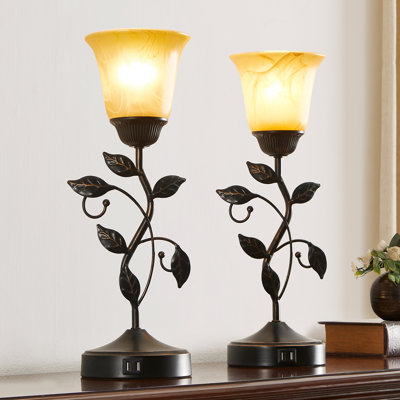 Hebel 18.5" Antique Floral Table Lamp Set With USB Ports