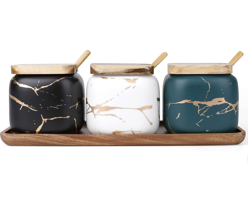 Ensemble de 3 contenants à sel et à sucre en céramique, pots à condiments avec couvercles et cuillères
