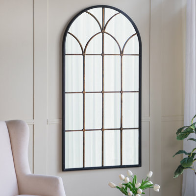 34X65.5" Arched Full-Length Mirror With Black And Gold Windowpane Design