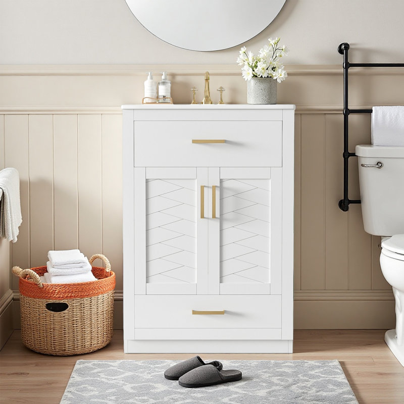 24" Freestanding Single Bathroom Vanity with Ceramic Sink, White