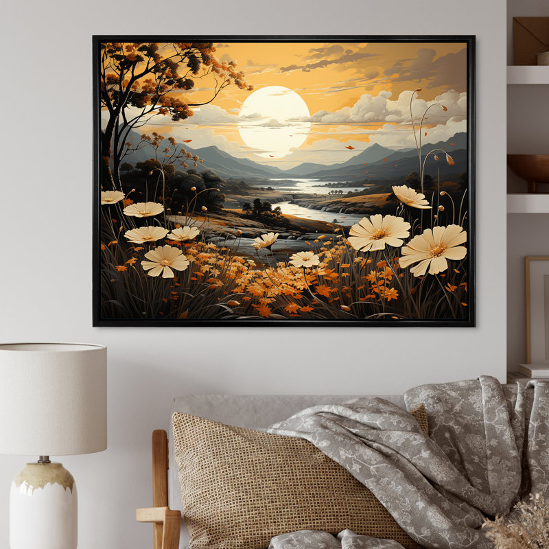 Golden Meadows Of Flowers Fields I sur toile, Cadre flottant noir, H 12 po x l 20 po x P 1 po
