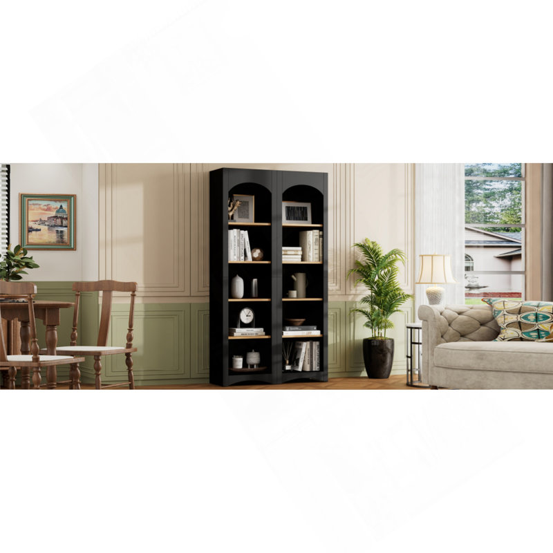 Free Standing 5 Tier Bookshelves, Bookcases Set Of 2, Farmhouse Two-Tone Storage Cabinet With Adjustable Shelves, Modern 72"H Kitchen Pantry Cabinet For Living Room, Home Office, Black