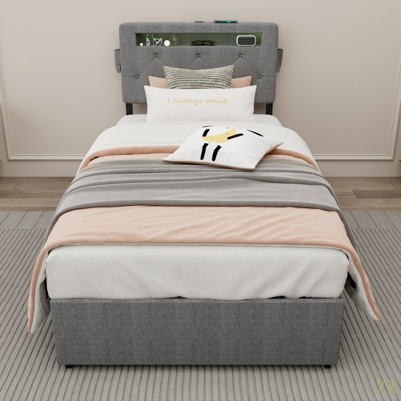 Cadre de lit simple avec station de charge USB et lumières DEL, cadre de lit simple avec tête de lit et 4 tiroirs de rangement