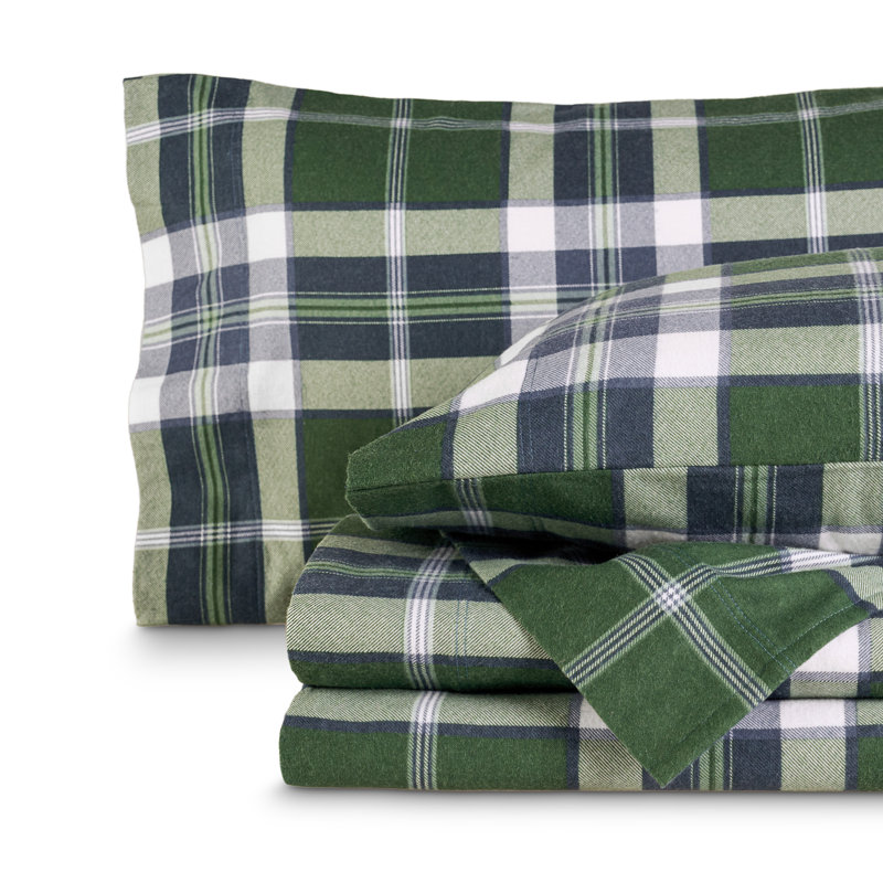 Ensemble de draps 100% flanelle de coton, Ensemble de draps pour lit simple TG avec 1 taie d, Tissu écossais vert enchanté 