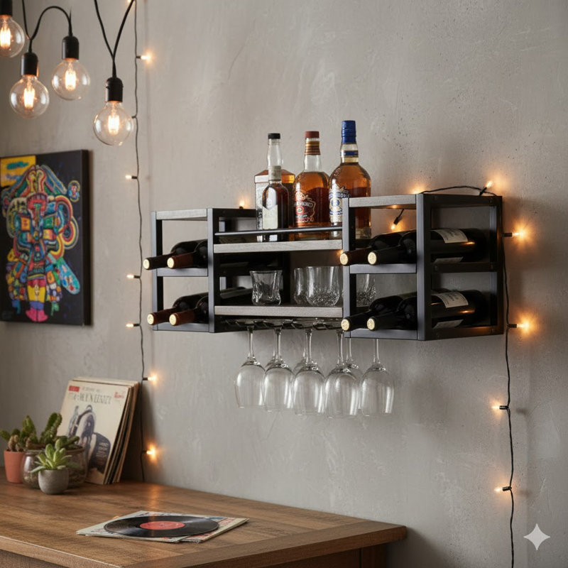 Taysir 8 Bottle Wall Mounted Wine Bottle & Glass Rack in
