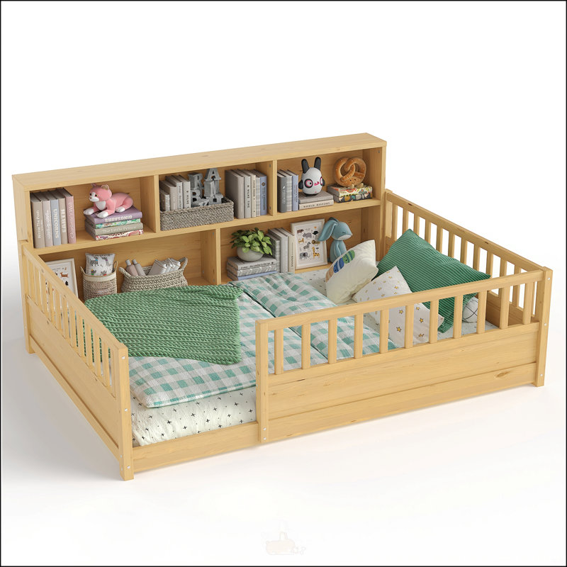 Lit double en bois avec garde-corps et rangement latéral pour les chambres modernes et fonctionnelles, Naturel