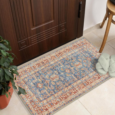 Collection traditionnelle GLN Rugs - tapis lavable à la machine, tapis traditionnel lavable, tapis lavable antidérapant, tapis de salon en chenille à poils courts, tapis de chambre à coucher, tapis de cuisine (Terra et bleu)