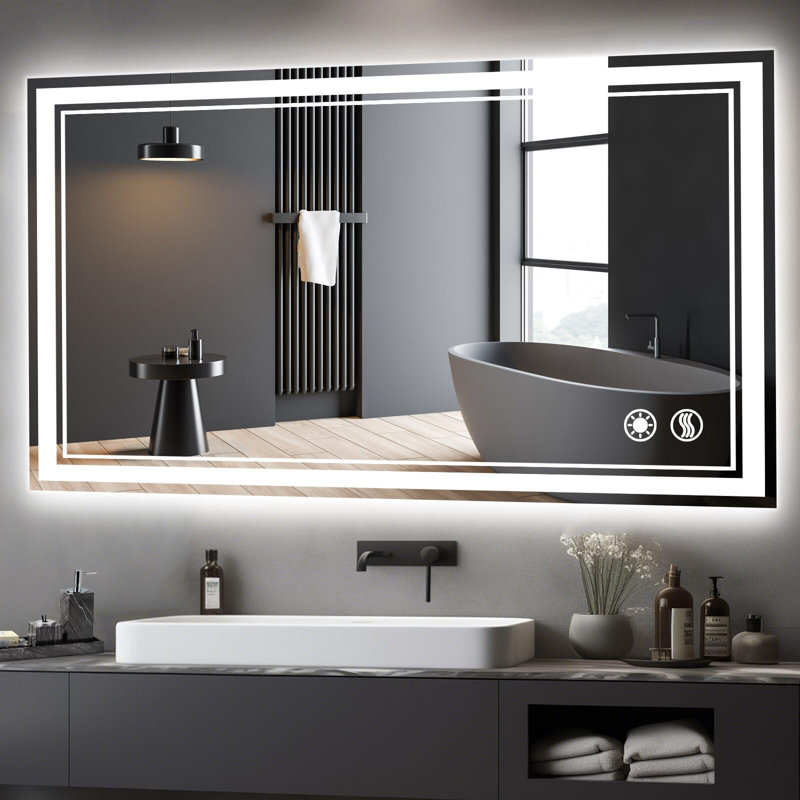 Bathroom Mirror with LED Lights Dimmable 3 Colours LED Bathroom Mirror Fogless LED Mirror for Bathroom Vanity Mirror with Lights Wall Mounted Horizontal/Vertical