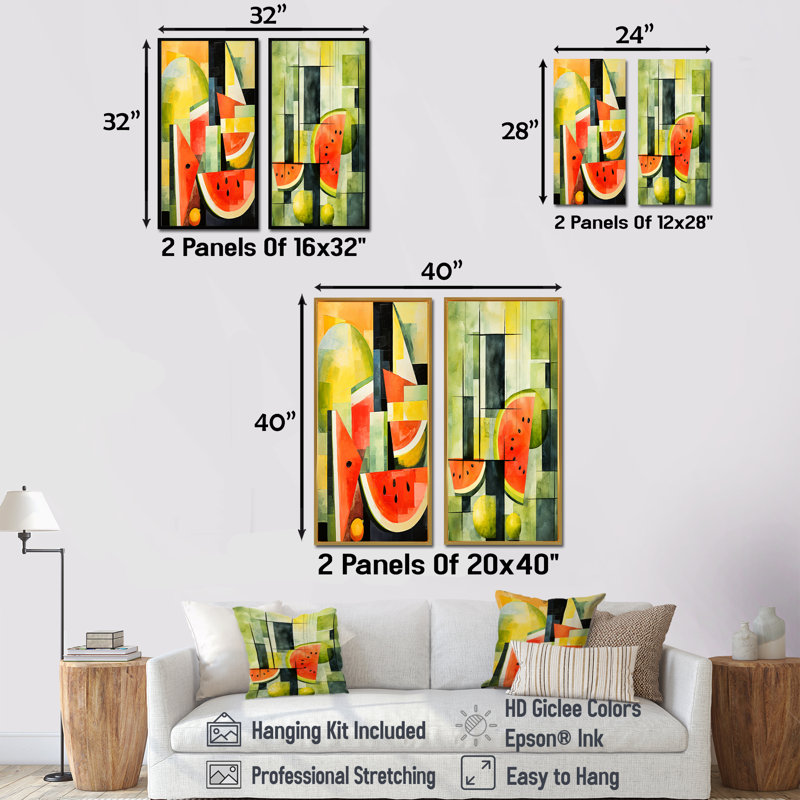 Cubic Green Watermelon Motif I - Melon, ensemble de 2 reproductions d'art sur toile, Toile tendue, H 28 po x l 25 po