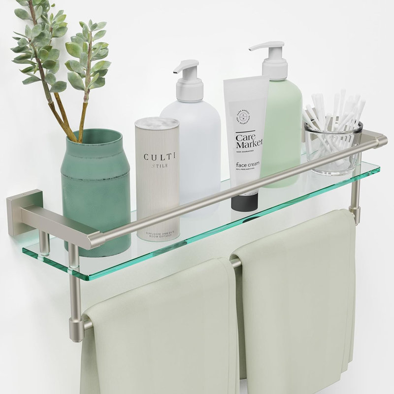 Tablette de salle de bain en verre avec porte-serviettes, Nickel brossé