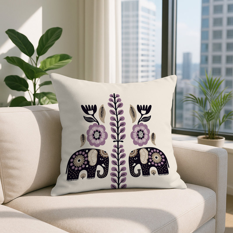 Oreiller carré réversible intérieur / extérieur Jadi Elephant, Mauve, Carré 19 po